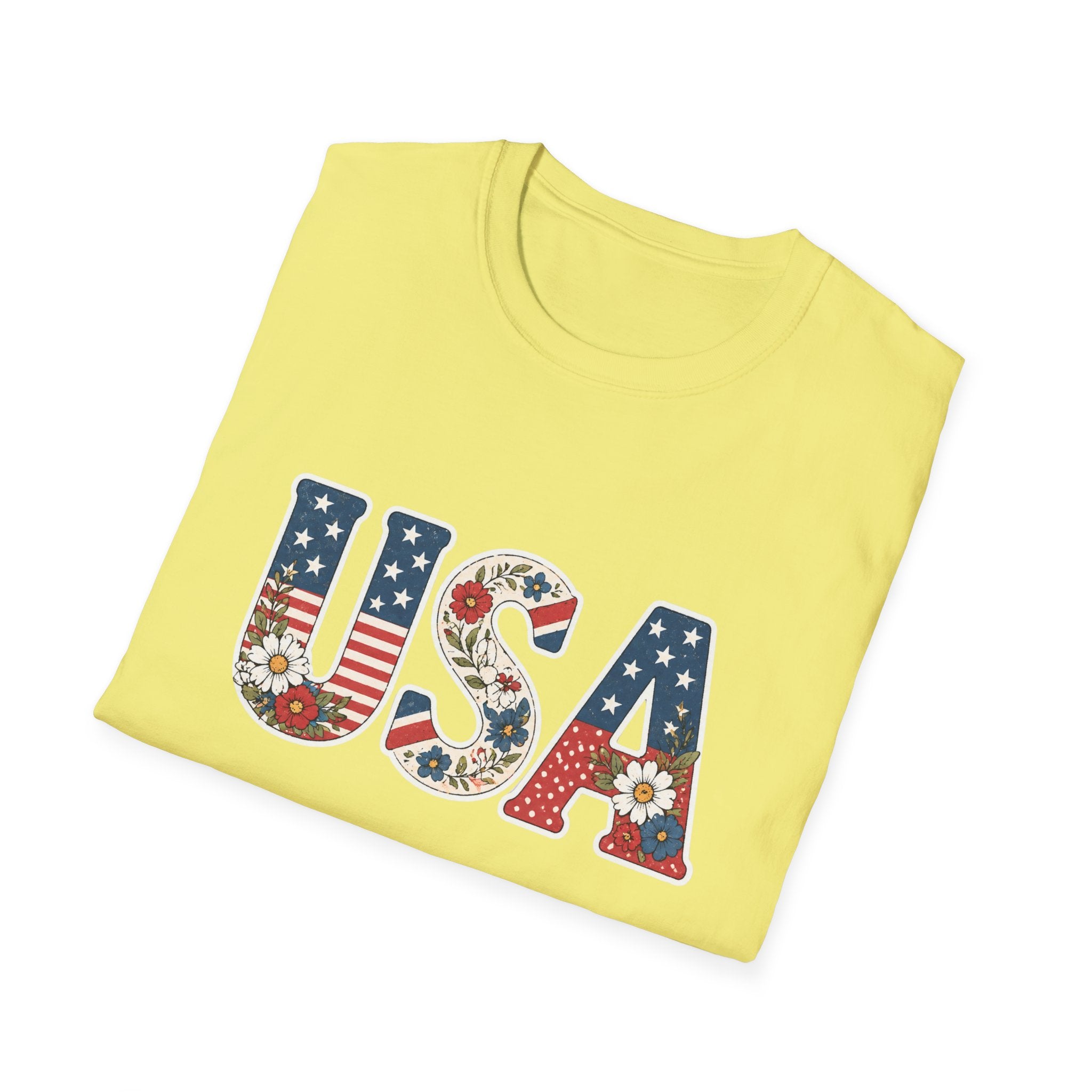Floral USA T-Shirt, Cottagecore Patriotic Flower Letter Tee, 4th of July Wildflower America Shirt, Stars Stripes Daisy Poppy Gift, Vintage Botanical