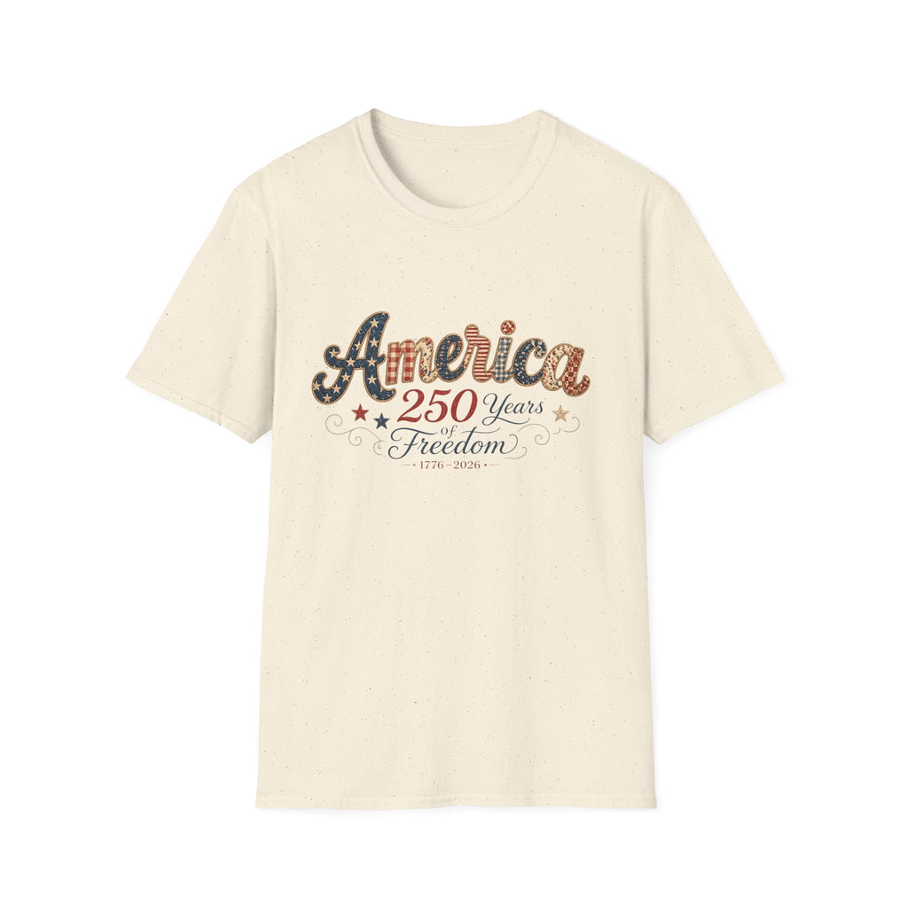 America 250 Years of Freedom Patchwork Shirt, Retro Patriotic Script Tee 1776 2026, 4th of July Vintage Americana T-Shirt, Gingham Stars Scrollwork Anniversary