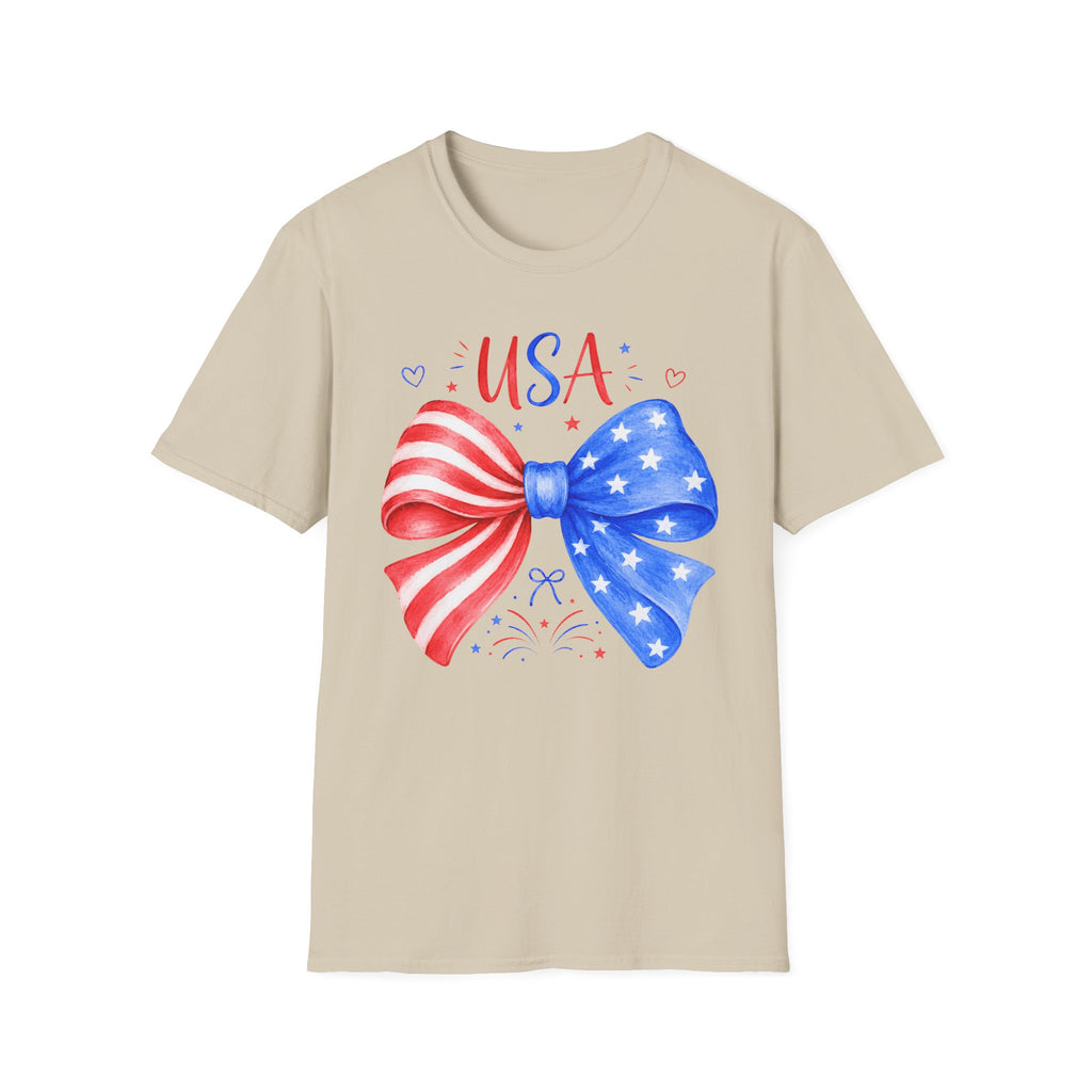 USA Patriotic Bow Tee, Red White Blue Fireworks Shirt, Cute American Pride Graphic Top, Fourth of July Celebration Outfit T-Shirt