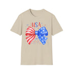 USA Patriotic Bow Tee, Red White Blue Fireworks Shirt, Cute American Pride Graphic Top, Fourth of July Celebration Outfit T-Shirt