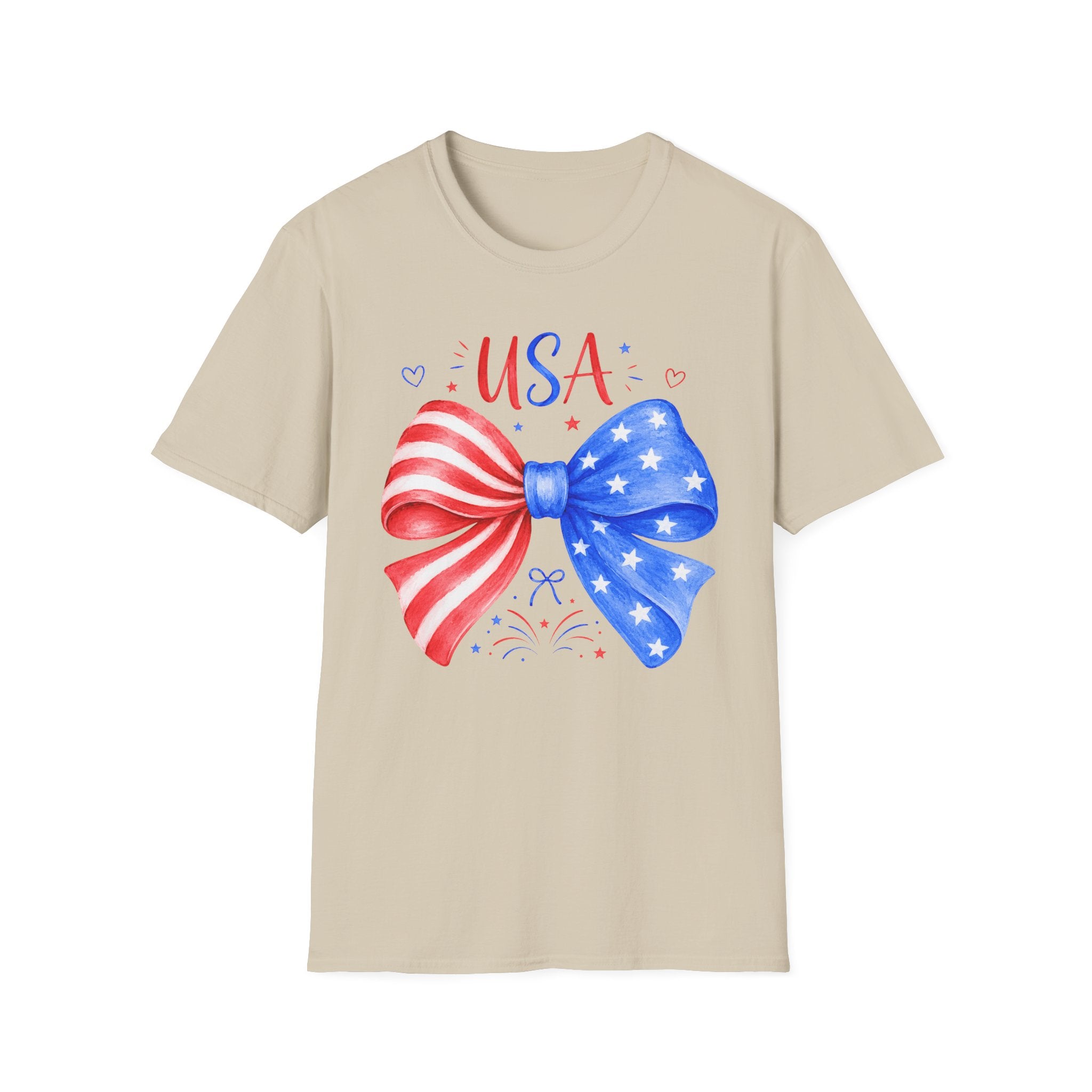 USA Patriotic Bow Tee, Red White Blue Fireworks Shirt, Cute American Pride Graphic Top, Fourth of July Celebration Outfit T-Shirt