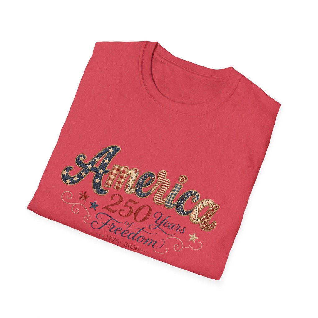 America 250 Years of Freedom Patchwork Shirt, Retro Patriotic Script Tee 1776 2026, 4th of July Vintage Americana T-Shirt, Gingham Stars Scrollwork Anniversary