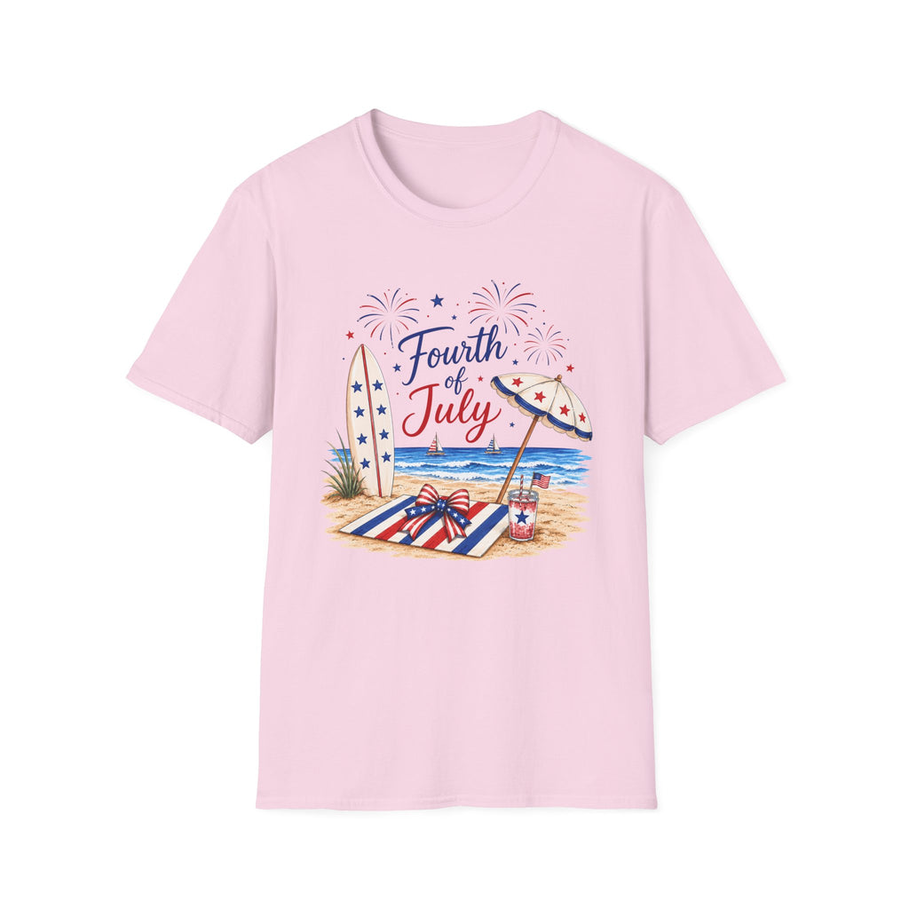 Fourth of July Beach Scene T-Shirt, Patriotic Summer Ocean Surfboard Tee, 4th of July Beach Vacation Shirt, Fireworks Umbrella Surfboard America