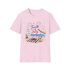 Fourth of July Beach Scene T-Shirt, Patriotic Summer Ocean Surfboard Tee, 4th of July Beach Vacation Shirt, Fireworks Umbrella Surfboard America