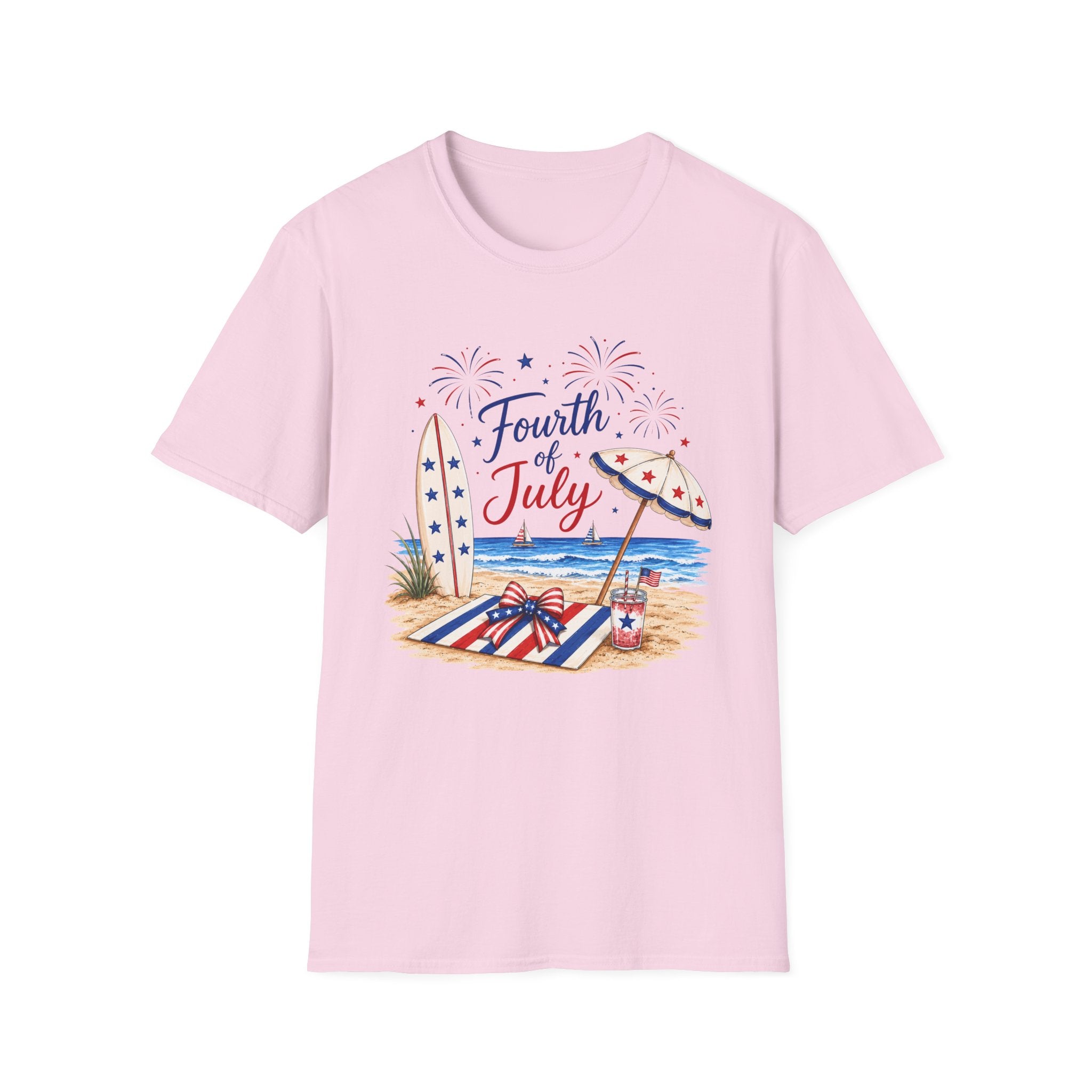 Fourth of July Beach Scene T-Shirt, Patriotic Summer Ocean Surfboard Tee, 4th of July Beach Vacation Shirt, Fireworks Umbrella Surfboard America