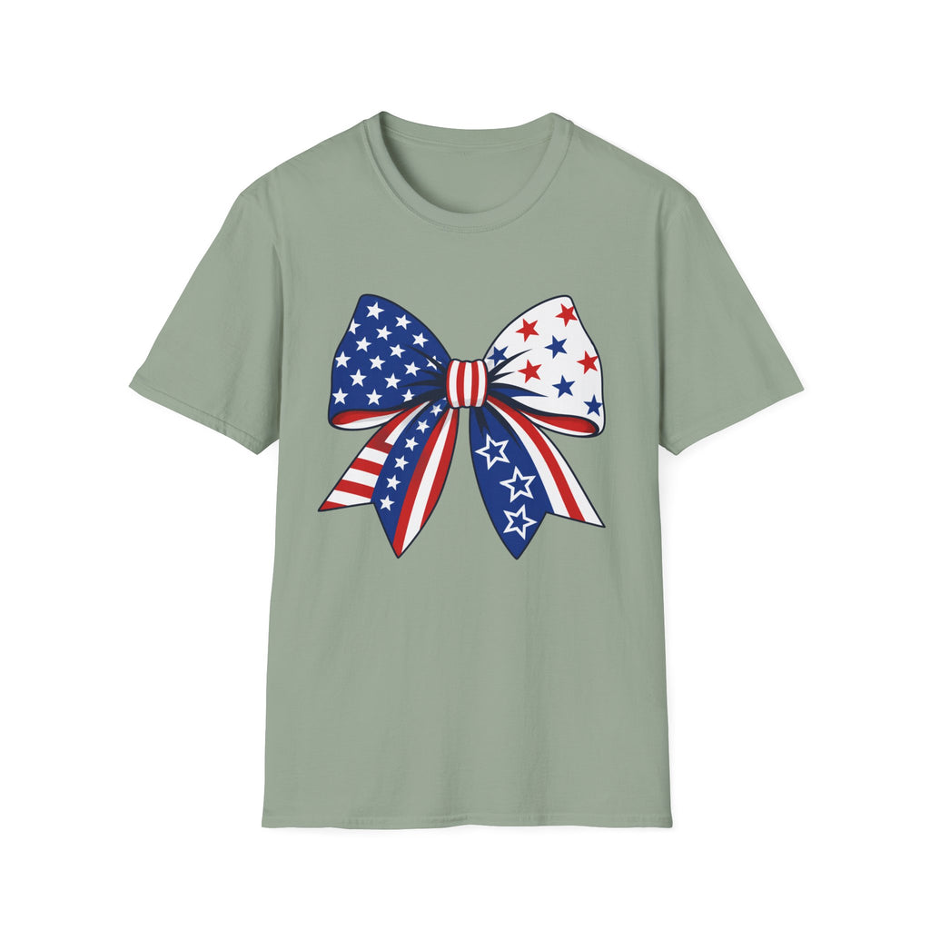 Oversized American Flag Bow T-Shirt, Cheer Bow Stars Stripes Patriotic Tee, Big Coquette 4th of July Bow Shirt, Bold Graphic USA Bow Gift Women Girls Independence Day