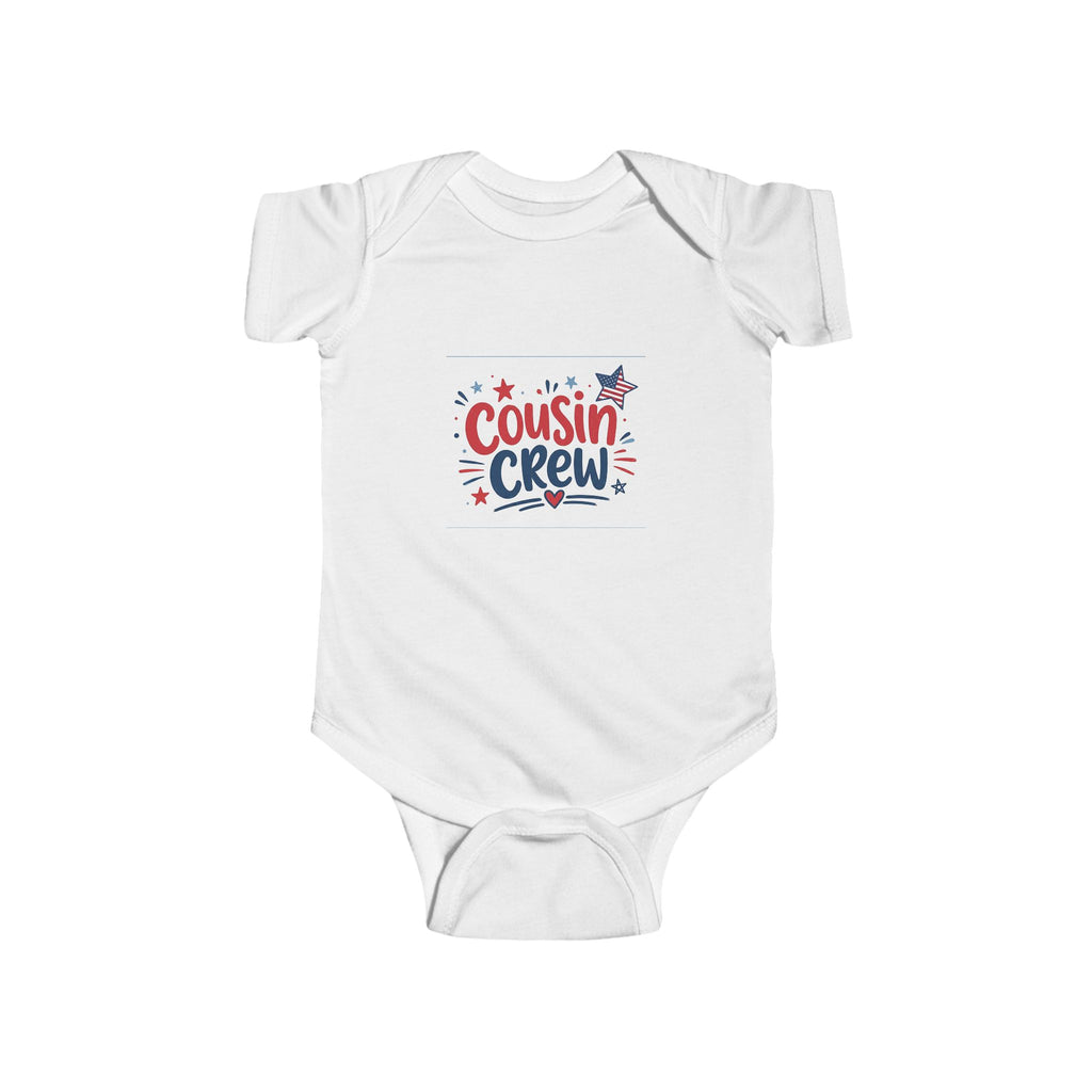 Cousin Crew Baby Onesie, Patriotic Red White Blue Infant Bodysuit, Cute USA Family Graphic Outfit, Fourth of July Celebration Wear Infant Fine Jersey Bodysuit
