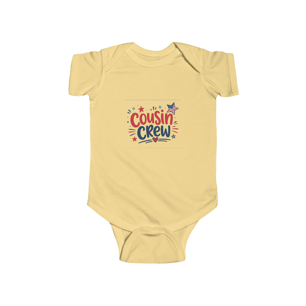 Cousin Crew Baby Onesie, Patriotic Red White Blue Infant Bodysuit, Cute USA Family Graphic Outfit, Fourth of July Celebration Wear Infant Fine Jersey Bodysuit