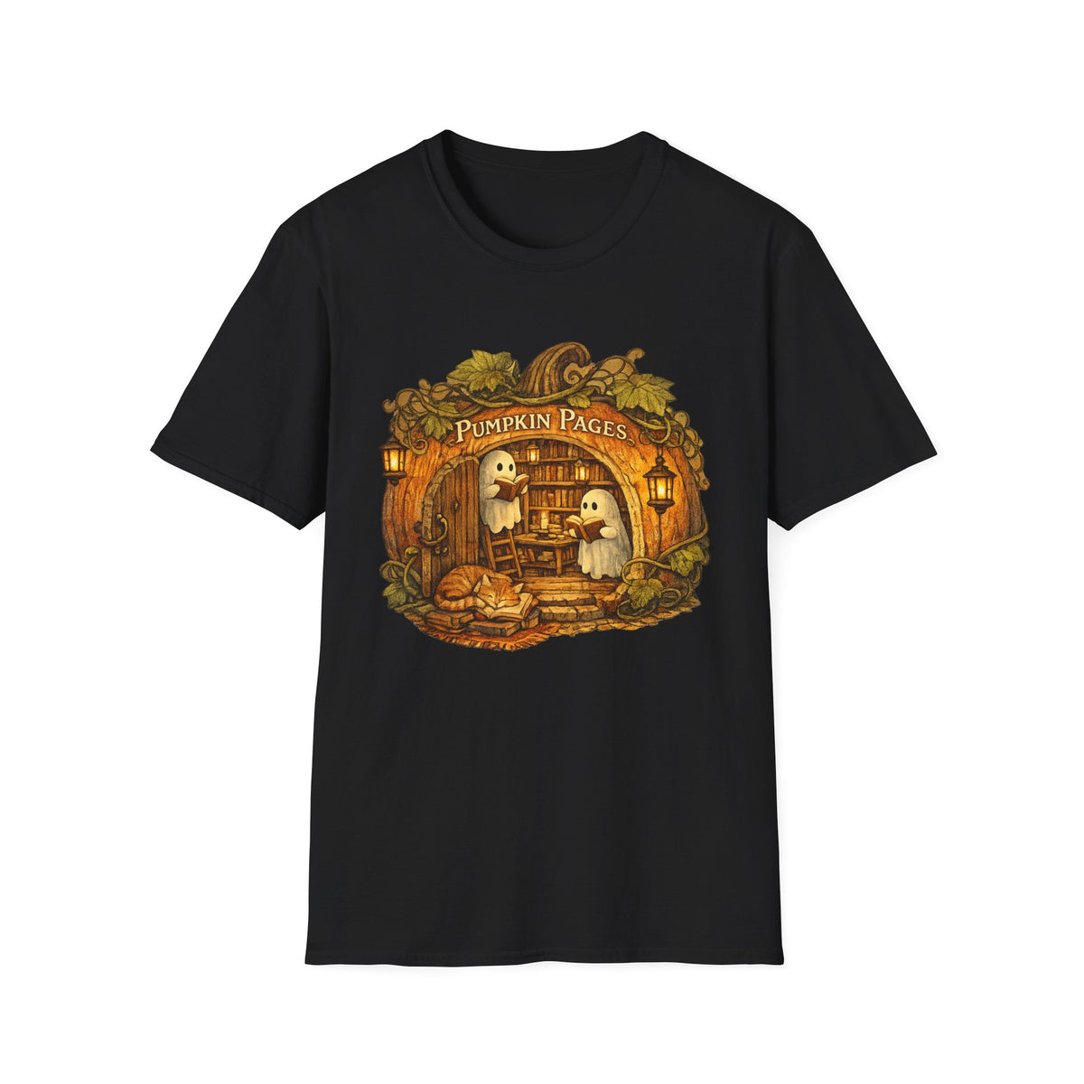 Pumpkin Pages Halloween T‑Shirt — Cute Ghosts Reading in Pumpkin Library