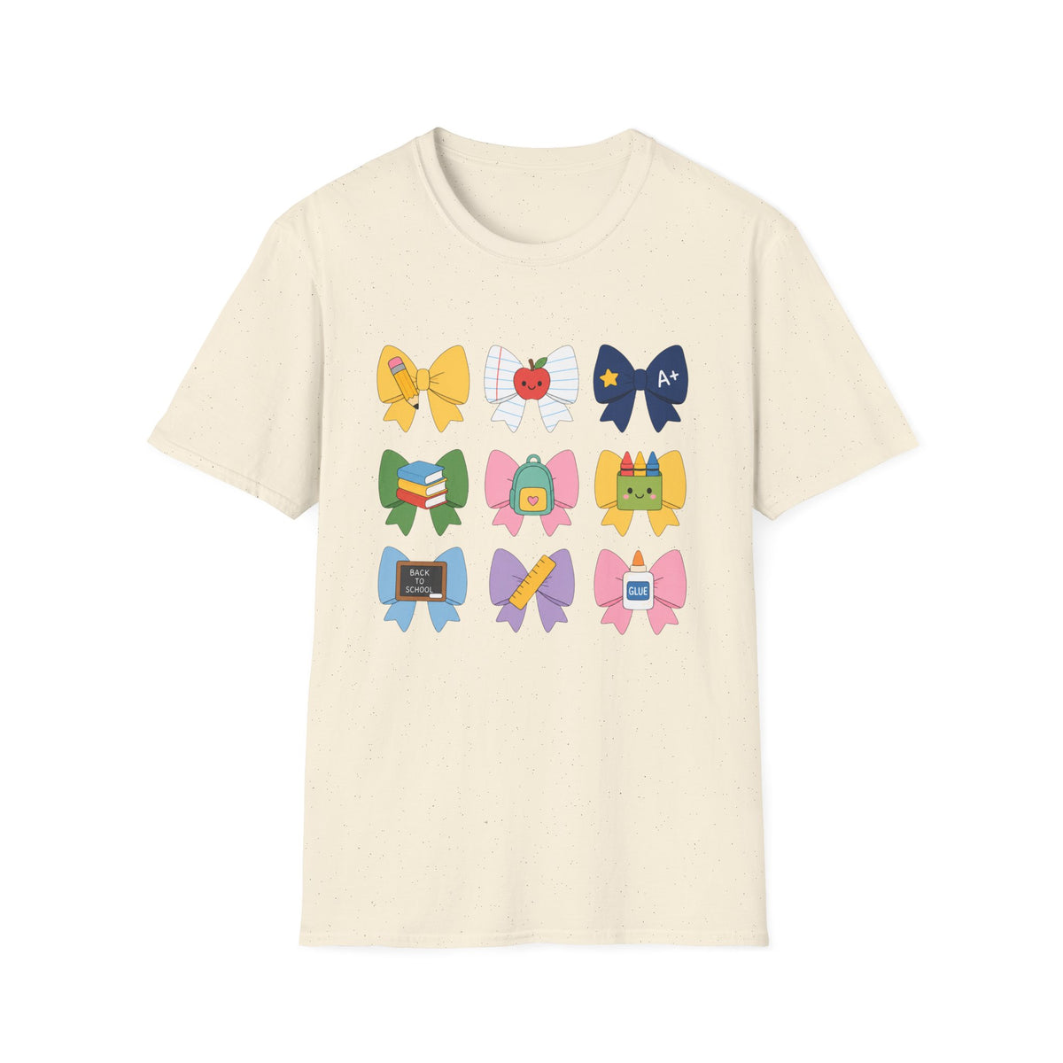 Teacher-themed Bow T-Shirt — Cute School Supply Bows (Apple, A+, Books, Backpack)