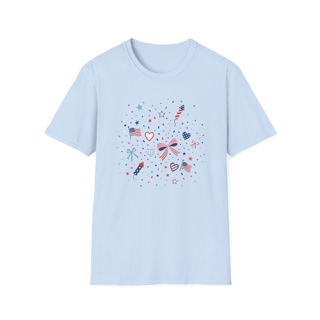 Patriotic Doodle Collage T-Shirt, Cute 4th of July Bow Heart Flag Confetti Tee, Whimsical Festive America Shirt, Coquette Patriotic Icon Scatter Gift