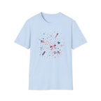 Patriotic Doodle Collage T-Shirt, Cute 4th of July Bow Heart Flag Confetti Tee, Whimsical Festive America Shirt, Coquette Patriotic Icon Scatter Gift