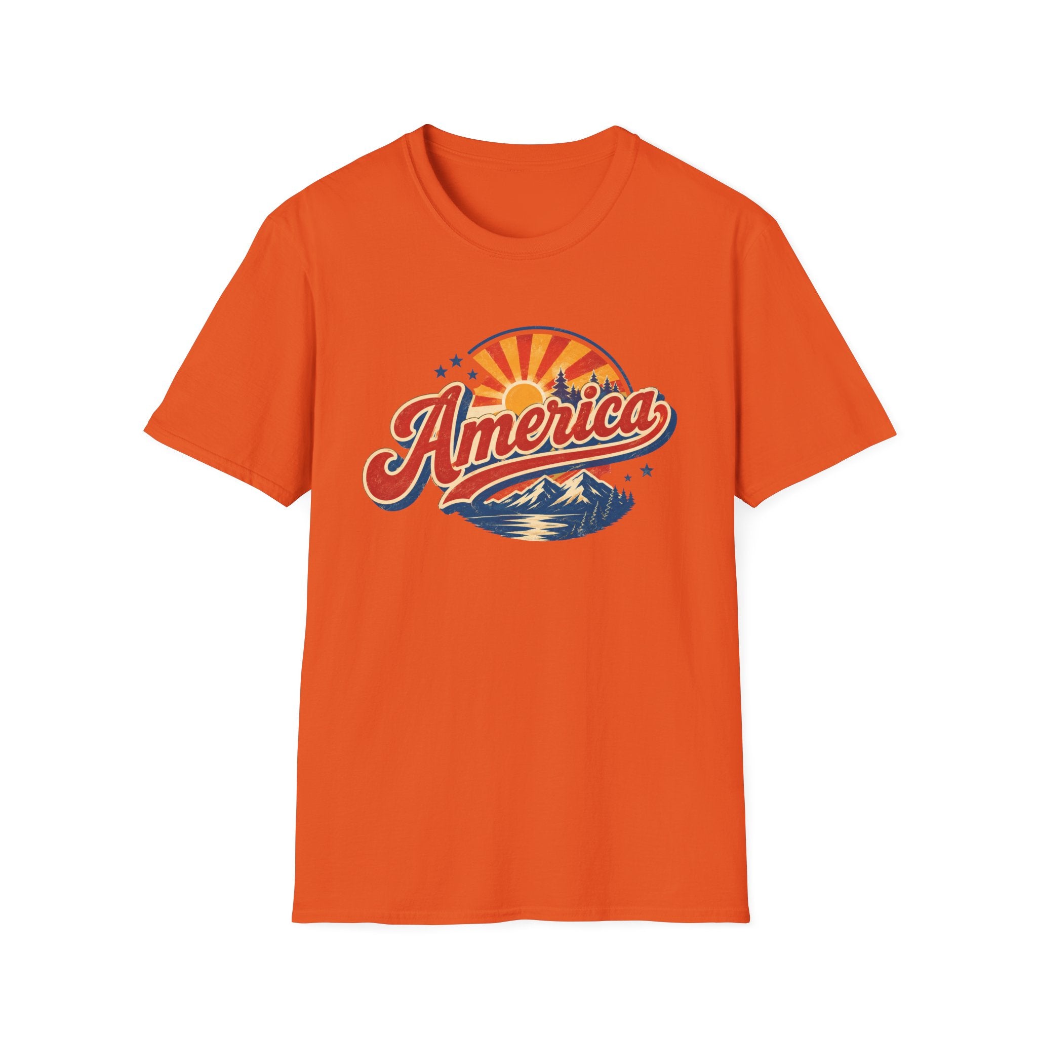 Retro America Shirt 4th of July Vintage Mountain Graphic Tee Sunset Landscape Fourth July Patriotic Stars Nature Lover