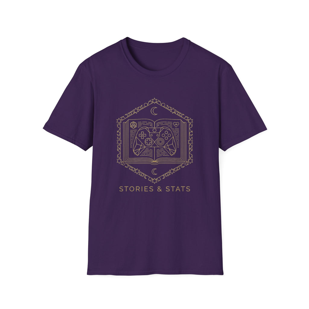 Gaming T-Shirt — 'Stories & Stats' Controller Spellbook Graphic