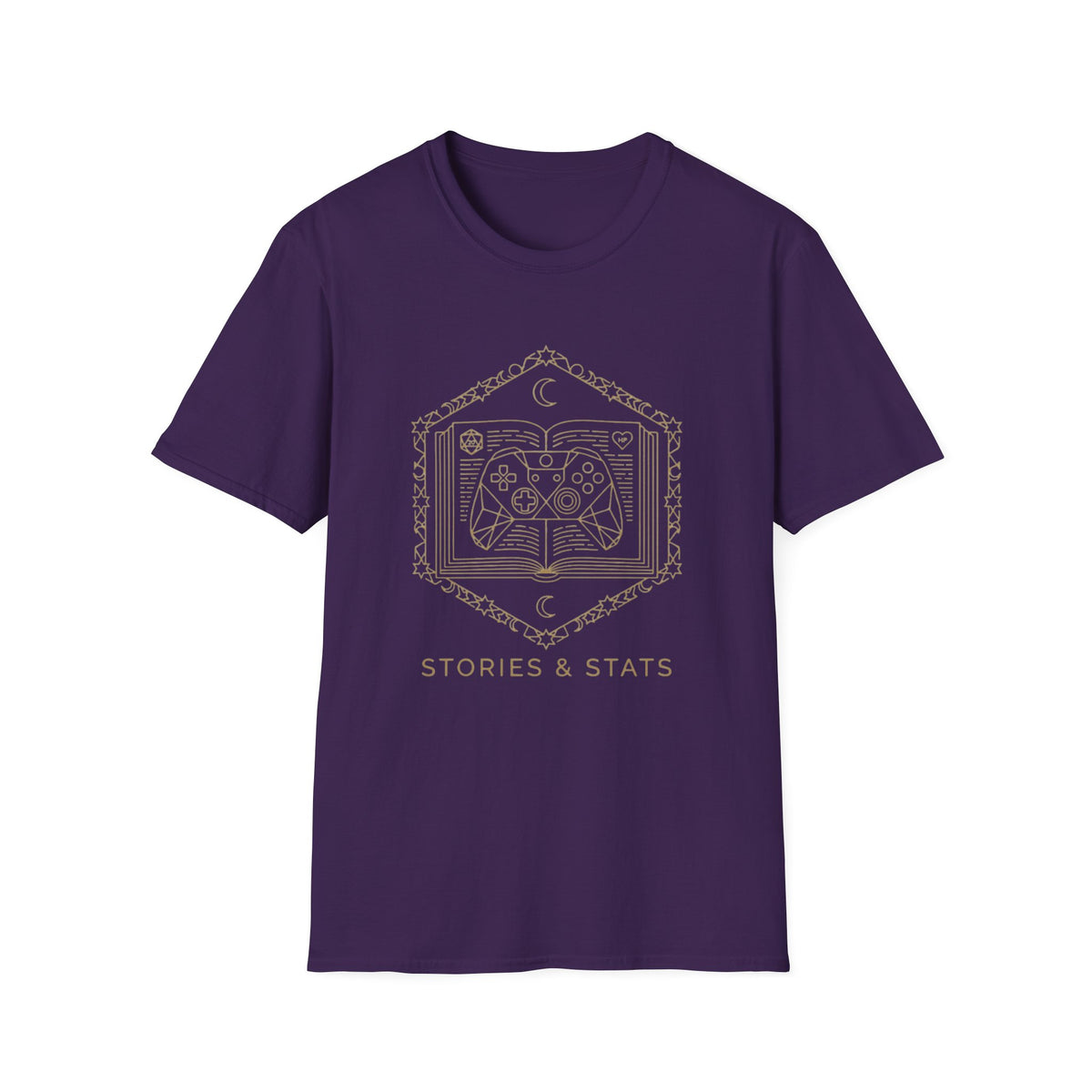 Gaming T-Shirt — 'Stories & Stats' Controller Spellbook Graphic