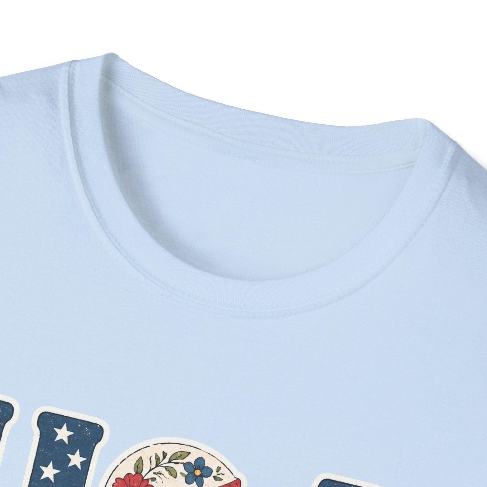 USA Patriotic Floral T-Shirt | American Flag Block Lettering Graphic Tee, Fourth Of July Vintage Cottagecore Top