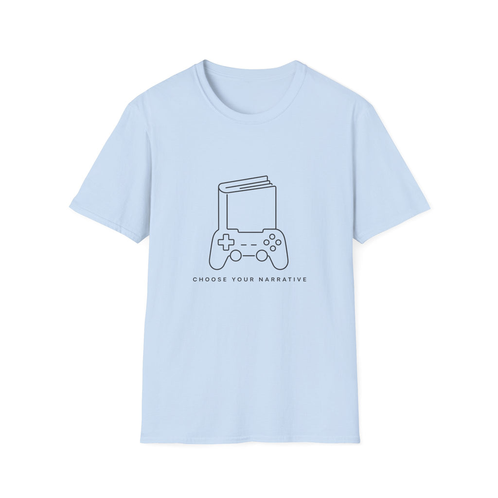 Gaming Book T-Shirt — 'Choose Your Narrative' Minimal Gamer Tee
