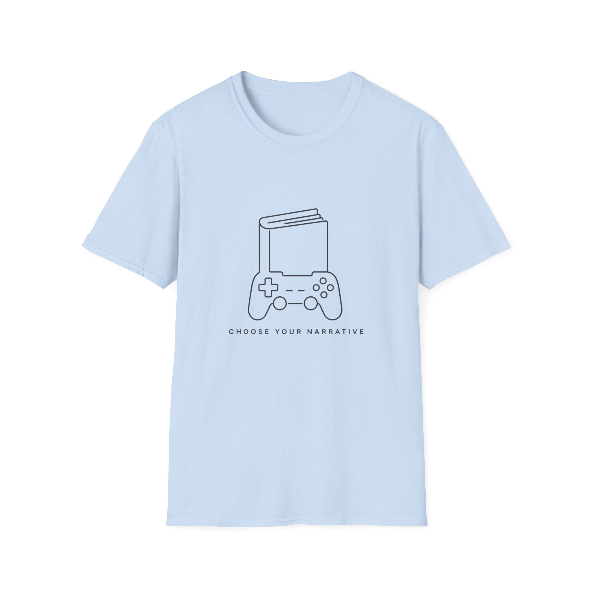 Gaming Book T-Shirt — 'Choose Your Narrative' Minimal Gamer Tee