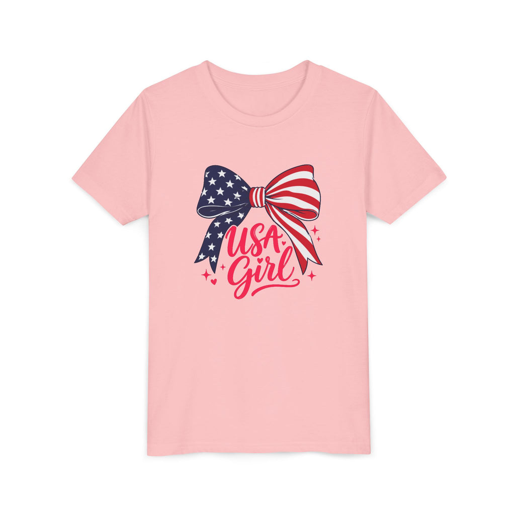 USA Girl Bow Tee, Patriotic Red White Blue Shirt, Cute American Pride Graphic Top, Fourth of July Celebration Outfit Youth Short Sleeve Tee
