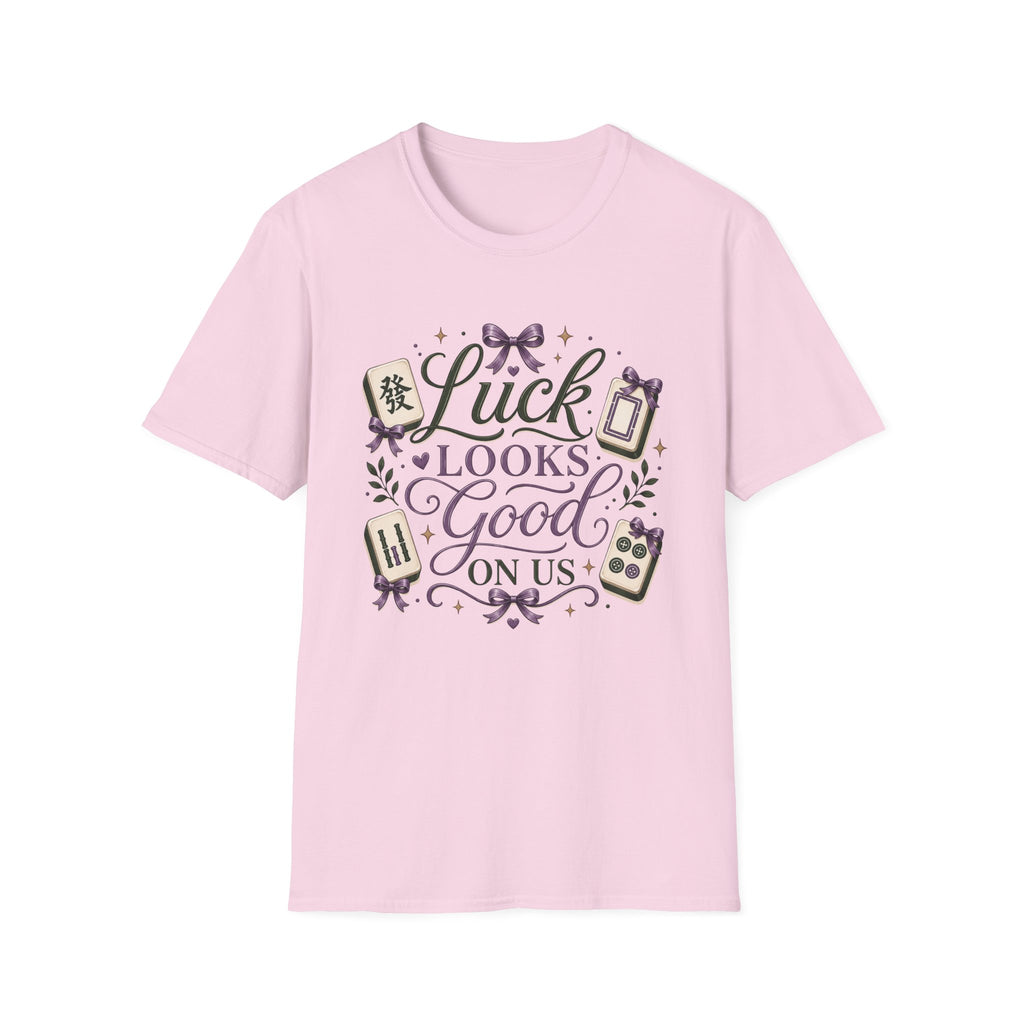 T-Shirt — "Luck Looks Good On Us" Graphic Tee (Mahjong & Charm Design)