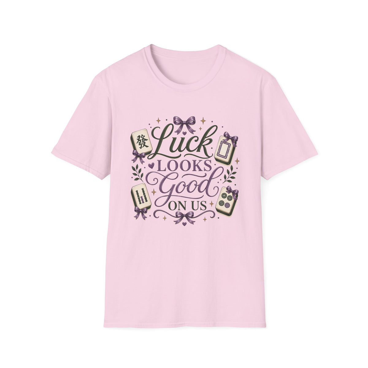 T-Shirt — "Luck Looks Good On Us" Graphic Tee (Mahjong & Charm Design)