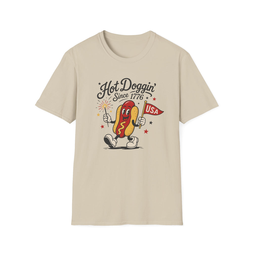 Hot Doggin Since 1776 Tee, Patriotic USA Hot Dog Shirt, Fun Red White Blue Graphic Top, Fourth of July Celebration Outfit Unisex Softstyle T-Shirt