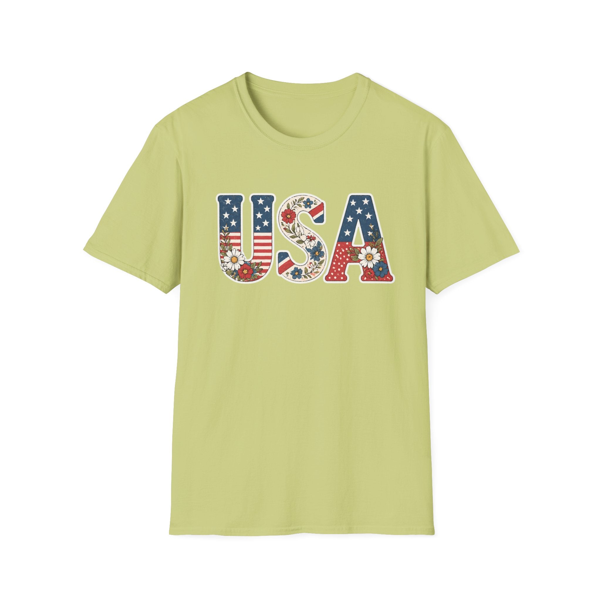 USA Patriotic Floral T-Shirt | American Flag Block Lettering Graphic Tee, Fourth Of July Vintage Cottagecore Top