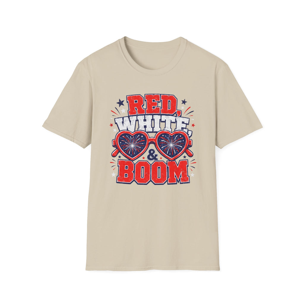 Red White Boom Sunglasses Shirt, Funny Patriotic Heart Glasses Firework Tee, 4th of July Pun Party T-Shirt, Retro Boom America Celebration Gift