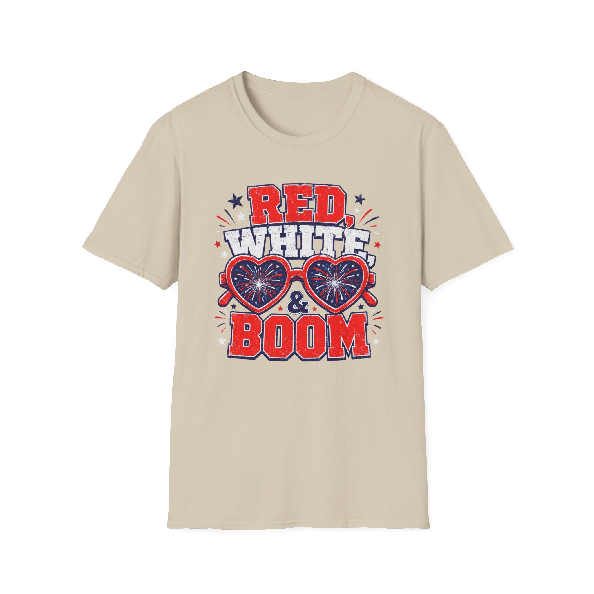 Red White Boom Sunglasses Shirt, Funny Patriotic Heart Glasses Firework Tee, 4th of July Pun Party T-Shirt, Retro Boom America Celebration Gift