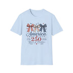 America 250 Years Of Freedom T-Shirt | Patriotic Coquette Ribbon Bow Graphic Tee, 1776 2026 Semiquincentennial Top