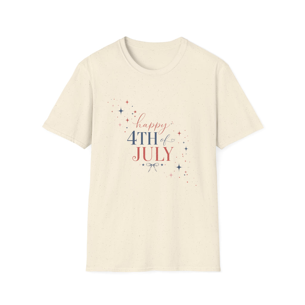 Happy 4th of July Sparkle Bow T-Shirt, Coquette Patriotic Sparkle Star Tee, Feminine Independence Day Shirt, Cute Mixed Typography 4th July