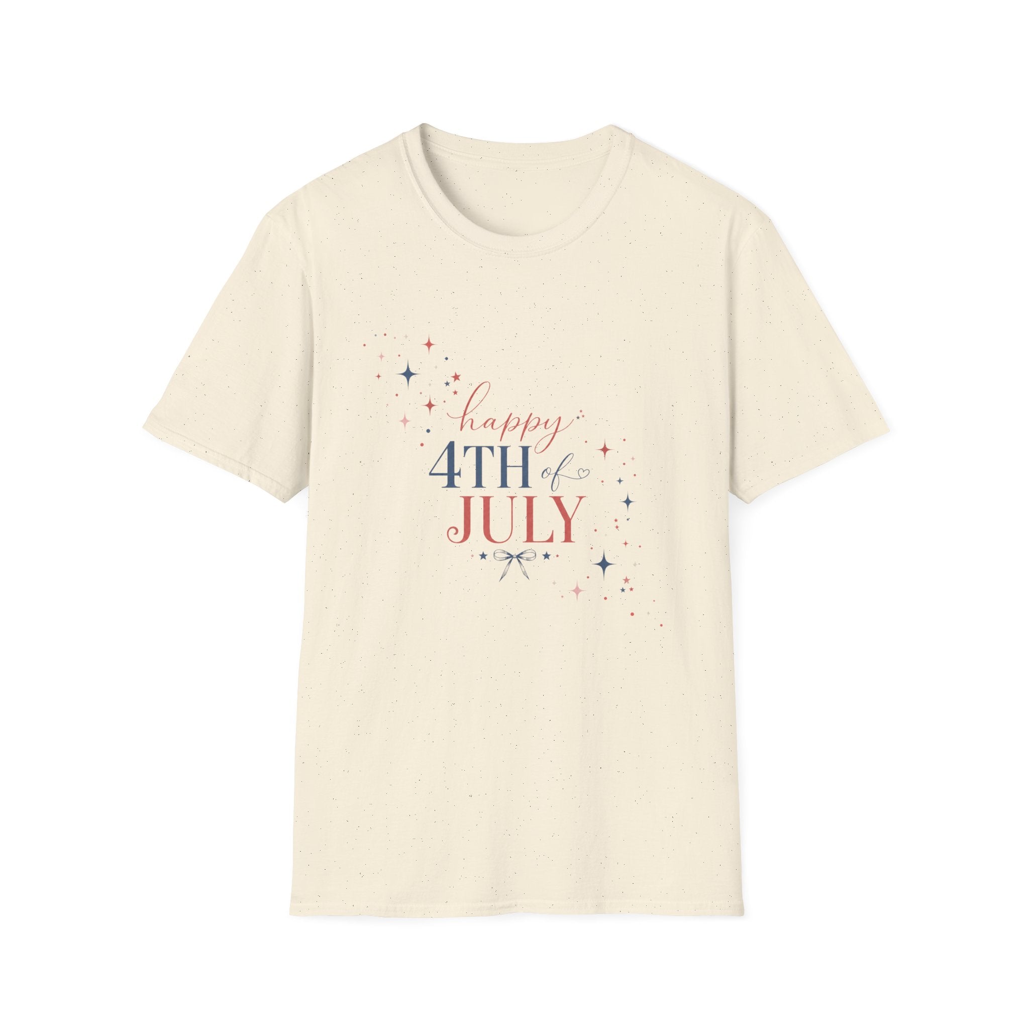 Happy 4th of July Sparkle Bow T-Shirt, Coquette Patriotic Sparkle Star Tee, Feminine Independence Day Shirt, Cute Mixed Typography 4th July