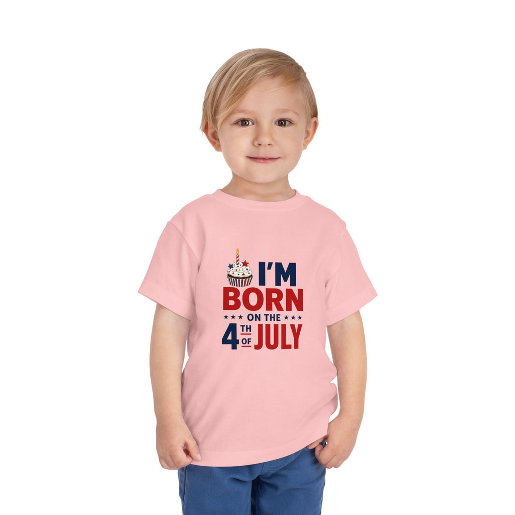 Born on the 4th of July Tee, Patriotic Birthday USA Shirt, Red White Blue Cupcake Graphic Top, Independence Day Celebration Outfit Toddler Short Sleeve Tee