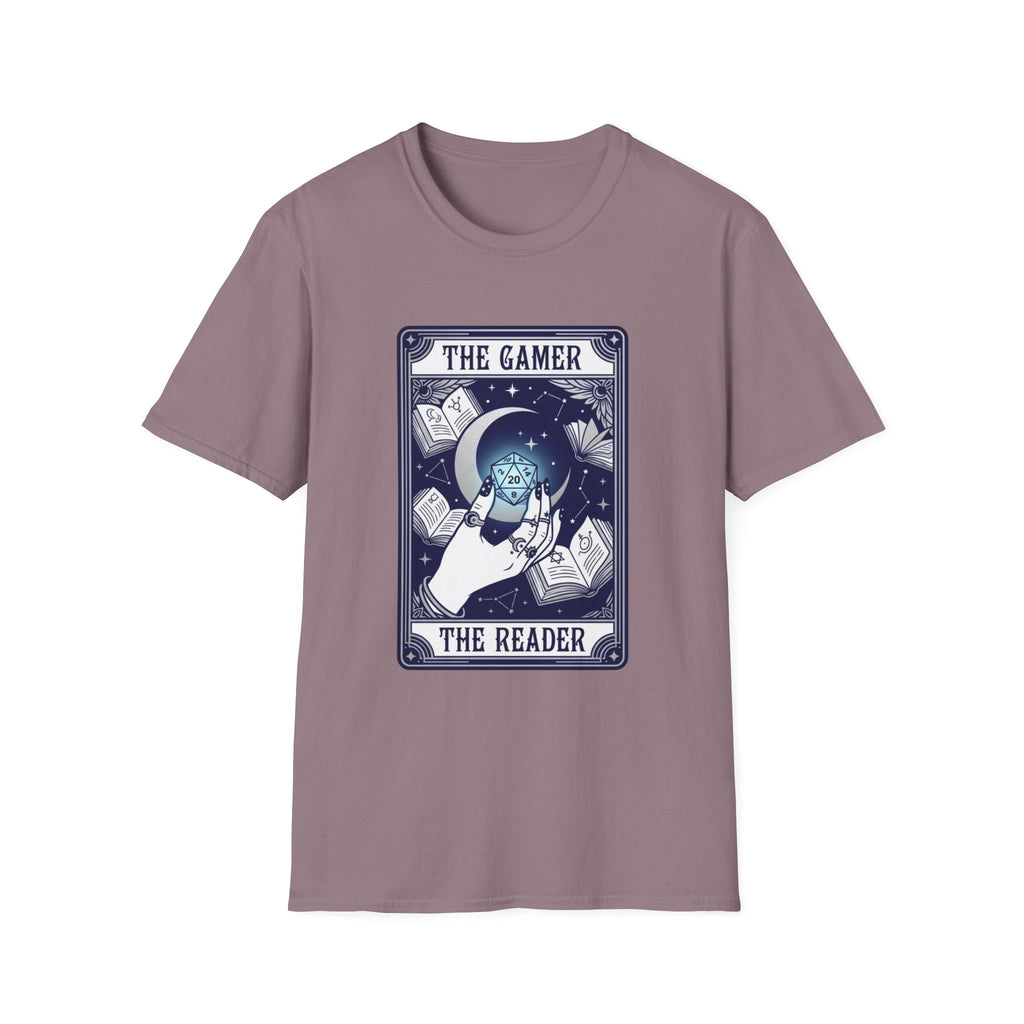 The Gamer The Reader T‑Shirt — Fantasy Dice & Book Illustration Tee