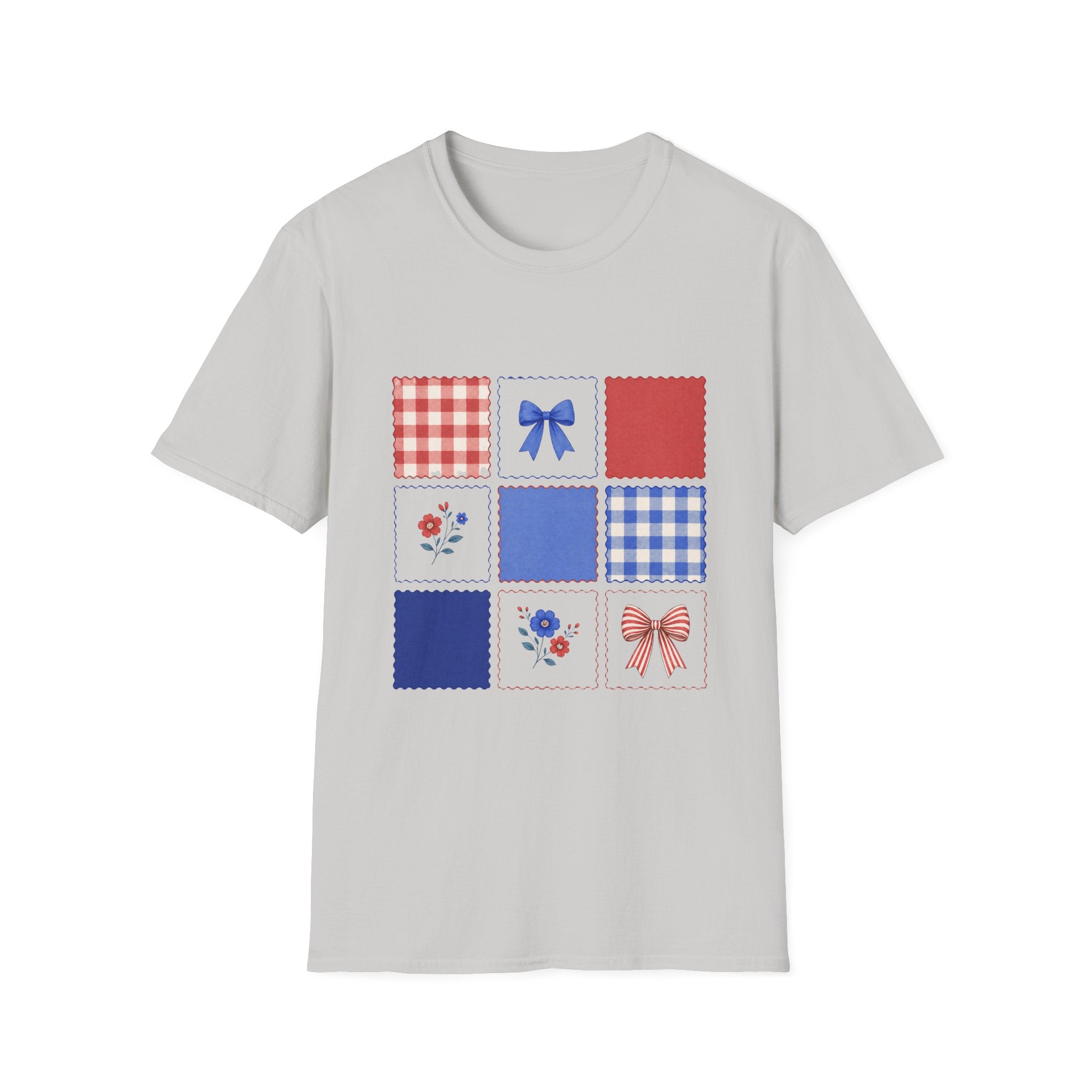 Patriotic Quilt Patch T-Shirt, Coquette Bow Gingham Nine Patch Tee, Cottagecore 4th of July Grid Shirt, Red Blue Floral Folk Quilt Square