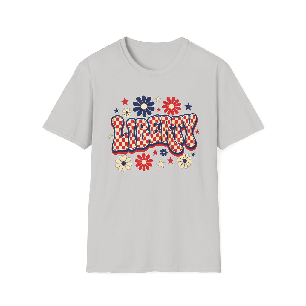 Liberty Retro USA Tee, Vintage Red White Blue Shirt, Patriotic Floral Graphic Top, Fourth of July Celebration Outfit Unisex Softstyle T-Shirt