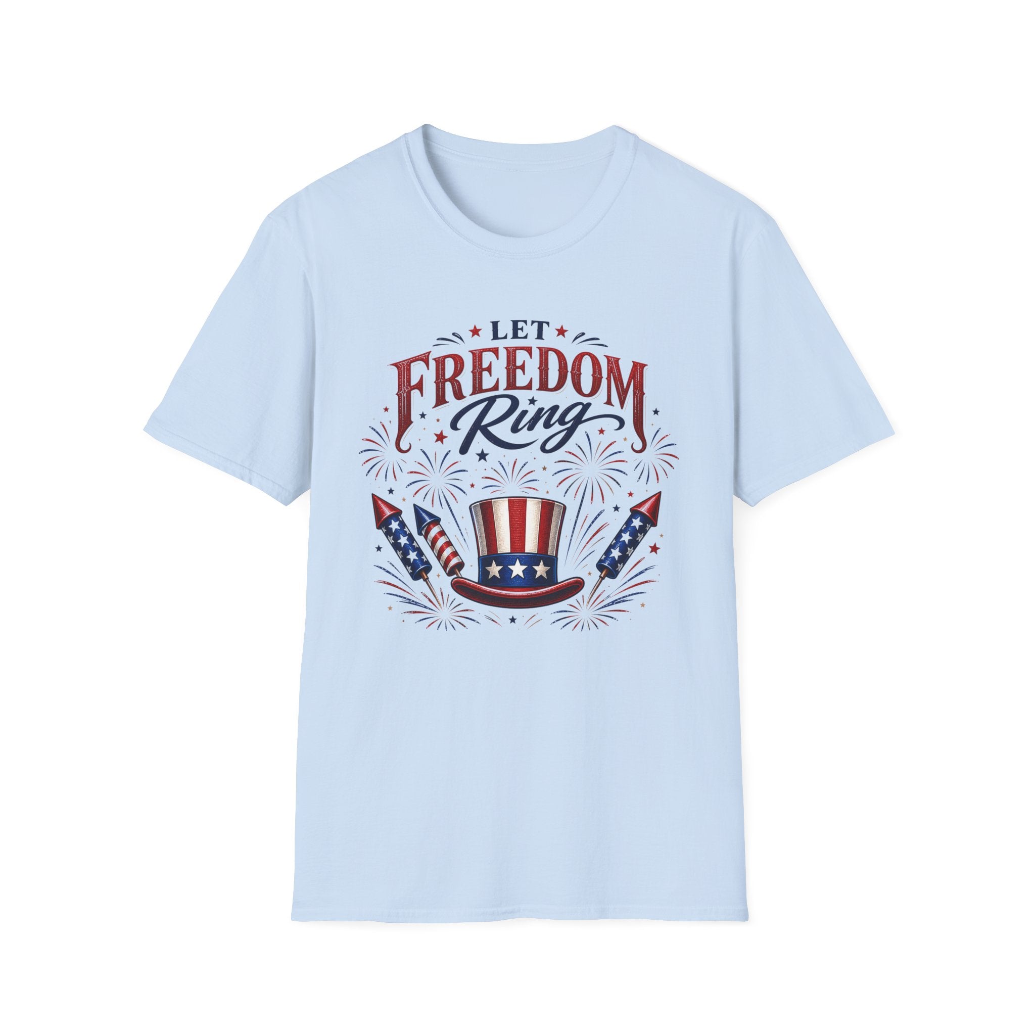 Let Freedom Ring T-Shirt | Patriotic Uncle Sam Hat Graphic Tee, Fourth Of July Charcoal Fireworks Top