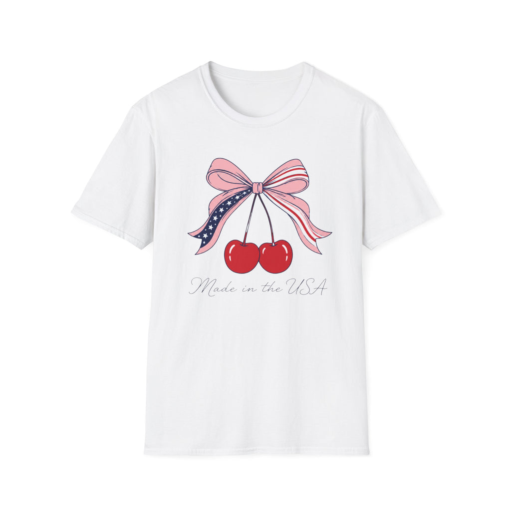 Made in the USA Cherry Tee, Patriotic Red White Blue Shirt, Cute Bow Fruit Graphic Top, Fourth of July Summer Outfit Unisex Softstyle T-Shirt