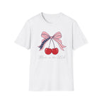 Made in the USA Cherry Tee, Patriotic Red White Blue Shirt, Cute Bow Fruit Graphic Top, Fourth of July Summer Outfit Unisex Softstyle T-Shirt