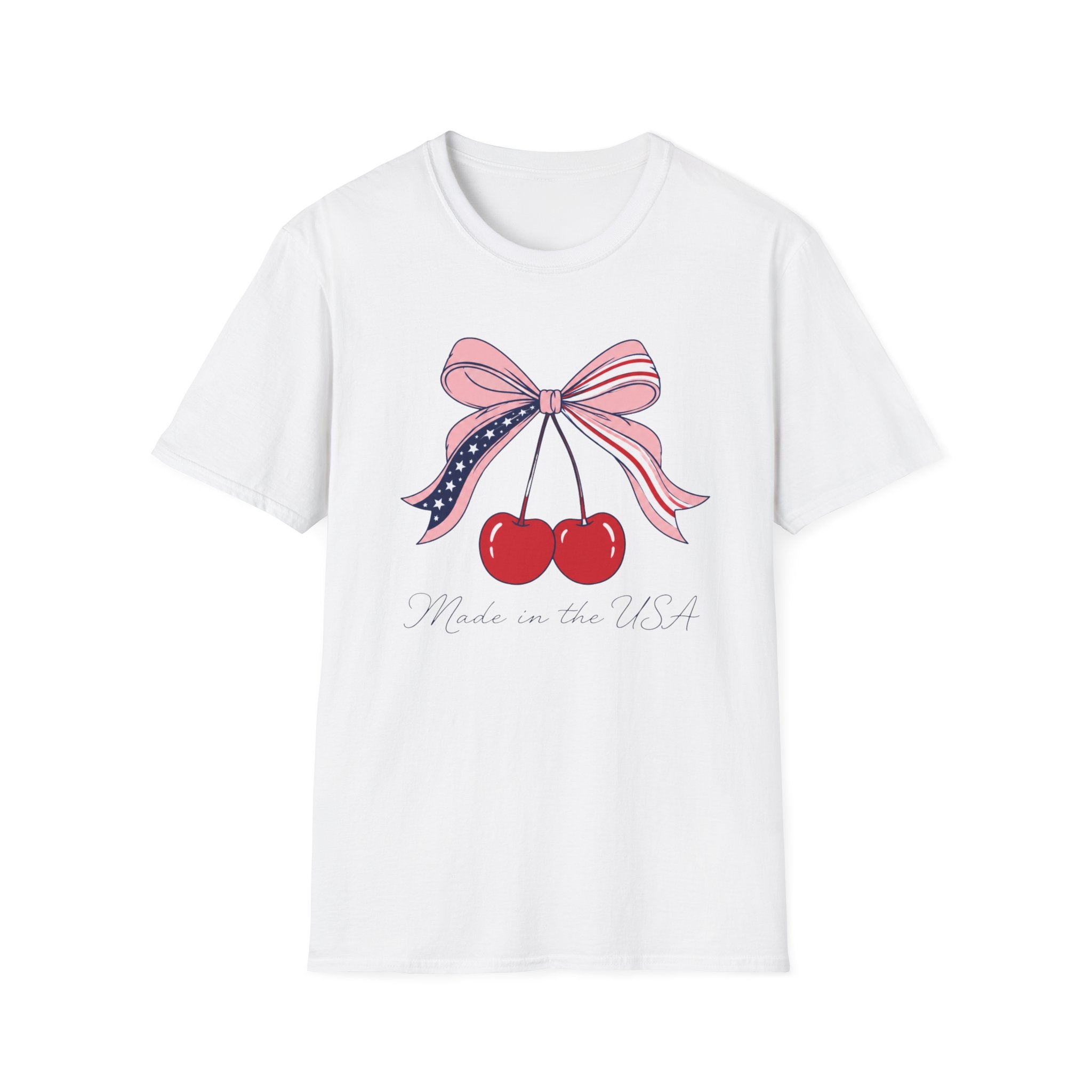 Made in the USA Cherry Tee, Patriotic Red White Blue Shirt, Cute Bow Fruit Graphic Top, Fourth of July Summer Outfit Unisex Softstyle T-Shirt