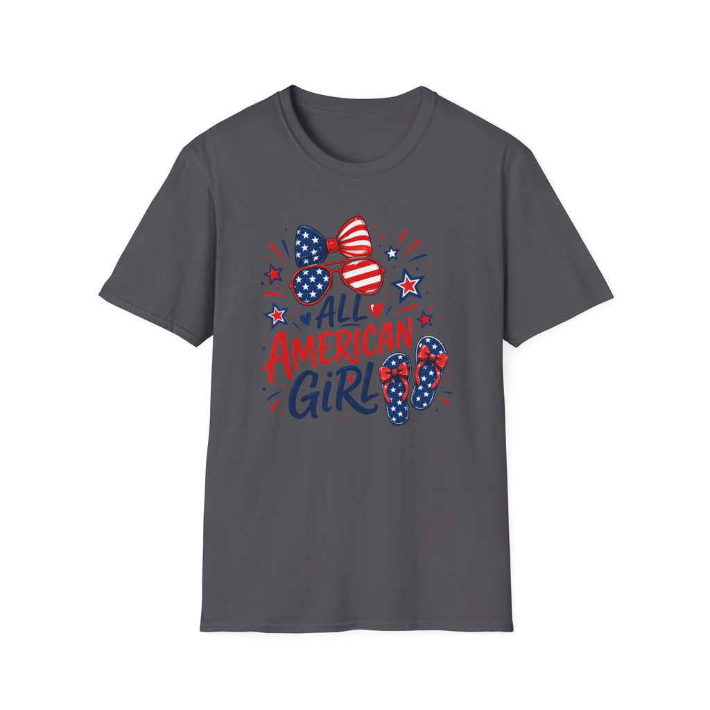 All American Girl Tee, Patriotic Bow Flip Flops Shirt, Red White Blue Graphic Top, Cute USA Fourth of July Outfit T-Shirt