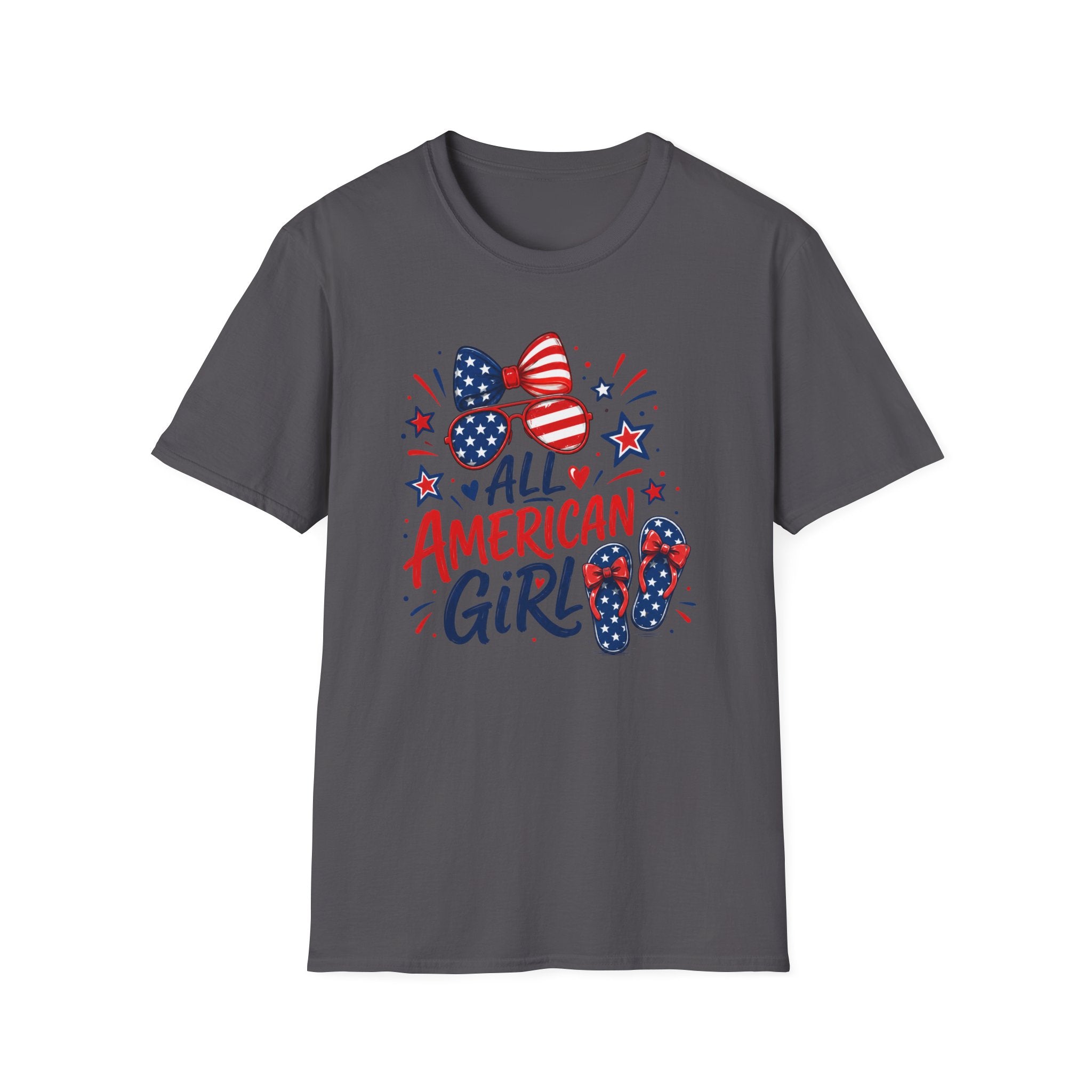 All American Girl Tee, Patriotic Bow Flip Flops Shirt, Red White Blue Graphic Top, Cute USA Fourth of July Outfit T-Shirt