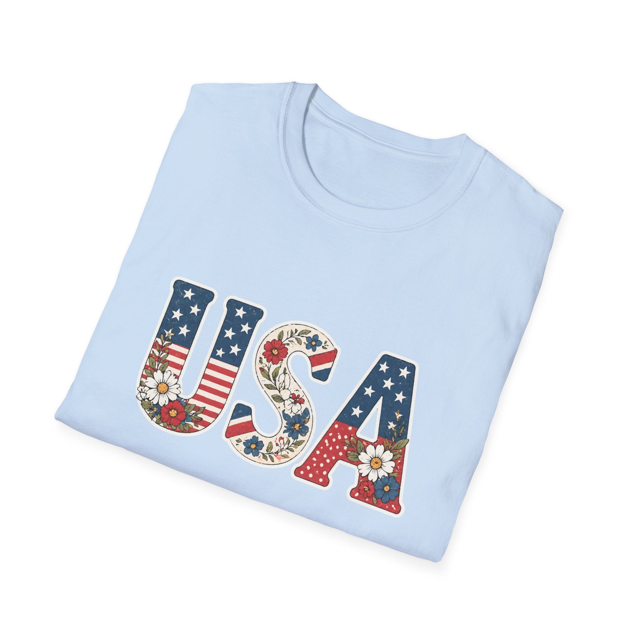 Floral USA T-Shirt, Cottagecore Patriotic Flower Letter Tee, 4th of July Wildflower America Shirt, Stars Stripes Daisy Poppy Gift, Vintage Botanical
