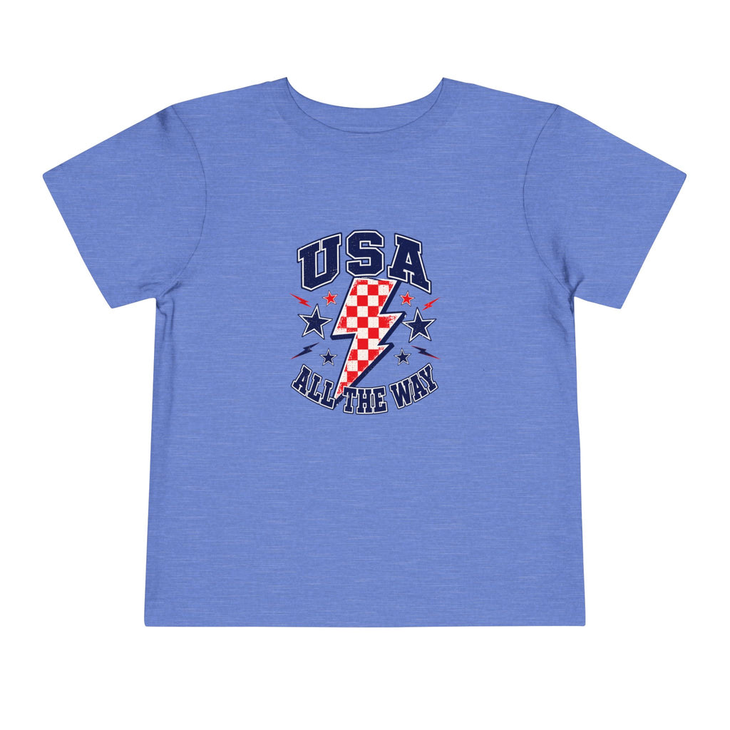 USA All The Way Tee, Patriotic Lightning Bolt Shirt, Red White Blue Star Graphic Top, Fourth of July Celebration Outfit Toddler Short Sleeve Tee