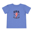 USA All The Way Tee, Patriotic Lightning Bolt Shirt, Red White Blue Star Graphic Top, Fourth of July Celebration Outfit Toddler Short Sleeve Tee
