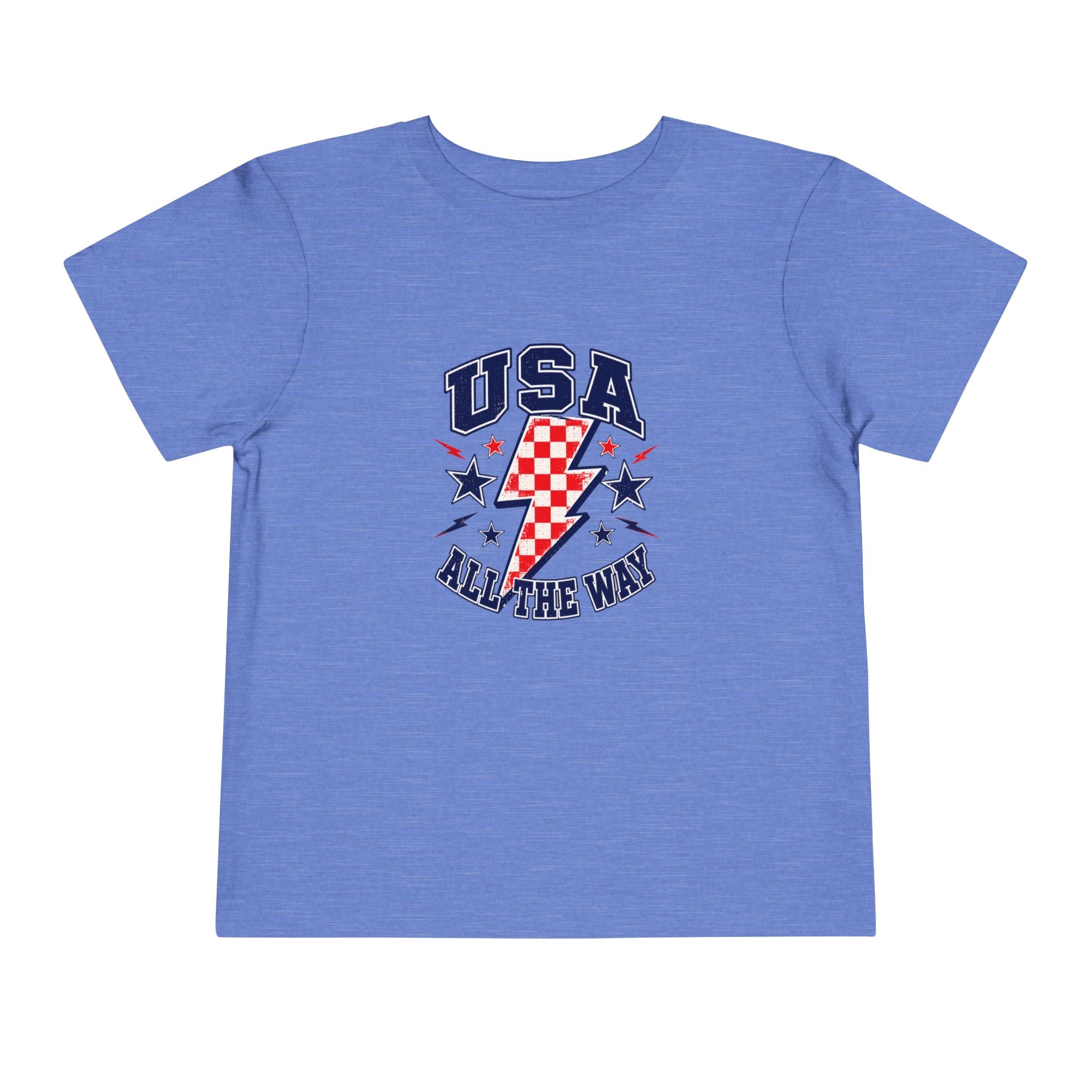 USA All The Way Tee, Patriotic Lightning Bolt Shirt, Red White Blue Star Graphic Top, Fourth of July Celebration Outfit Toddler Short Sleeve Tee