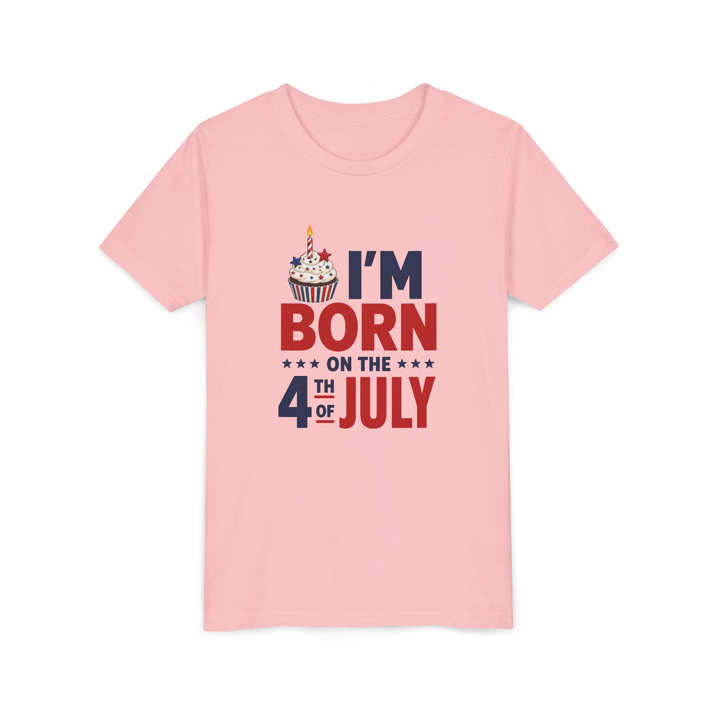 Born on the 4th of July Tee, Patriotic Birthday USA Shirt, Red White Blue Cupcake Graphic Top, Independence Day Celebration Outfit Youth Short Sleeve Tee