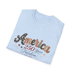 America 250 Years of Freedom Patchwork Shirt, Retro Patriotic Script Tee 1776 2026, 4th of July Vintage Americana T-Shirt, Gingham Stars Scrollwork Anniversary