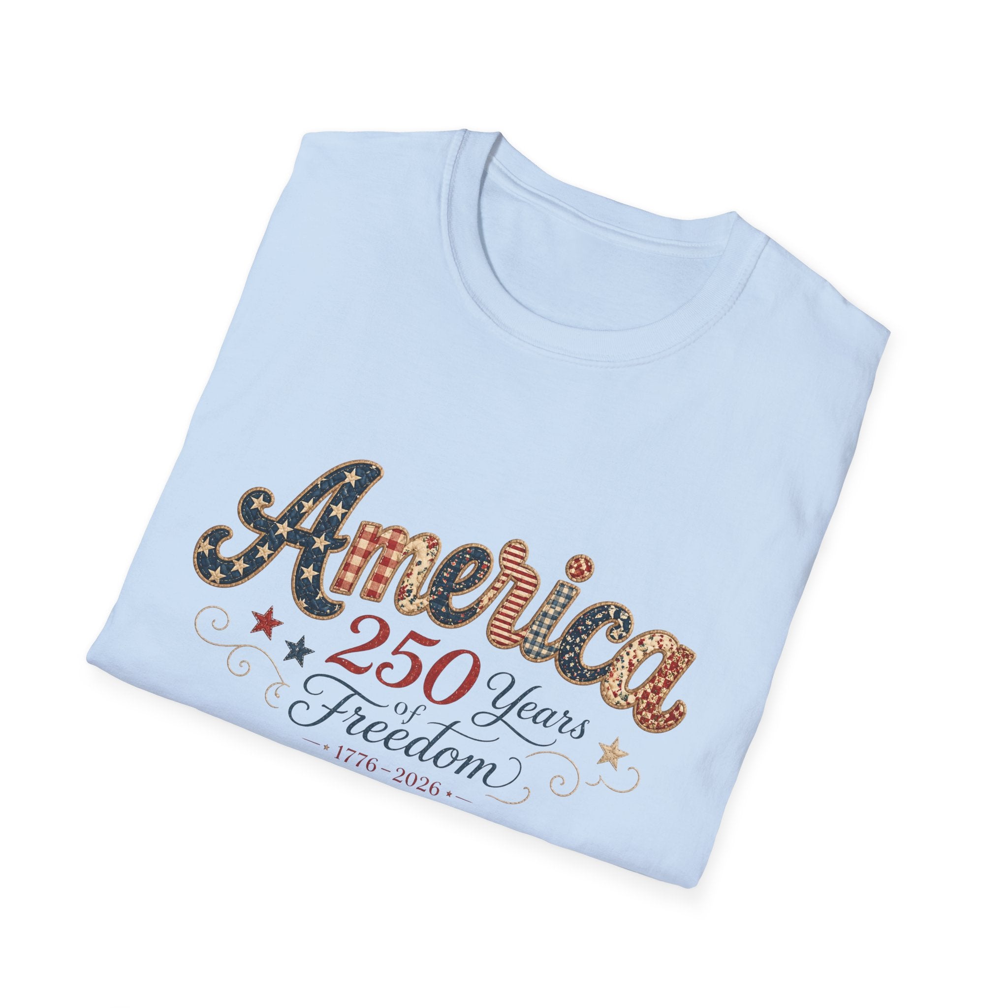 America 250 Years of Freedom Patchwork Shirt, Retro Patriotic Script Tee 1776 2026, 4th of July Vintage Americana T-Shirt, Gingham Stars Scrollwork Anniversary