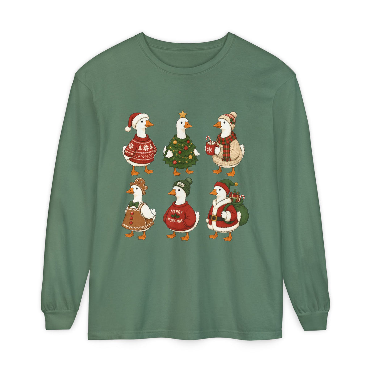 Cute Christmas Geese Holiday Ducks in Sweaters & Tree Long Sleeve T-shirt
